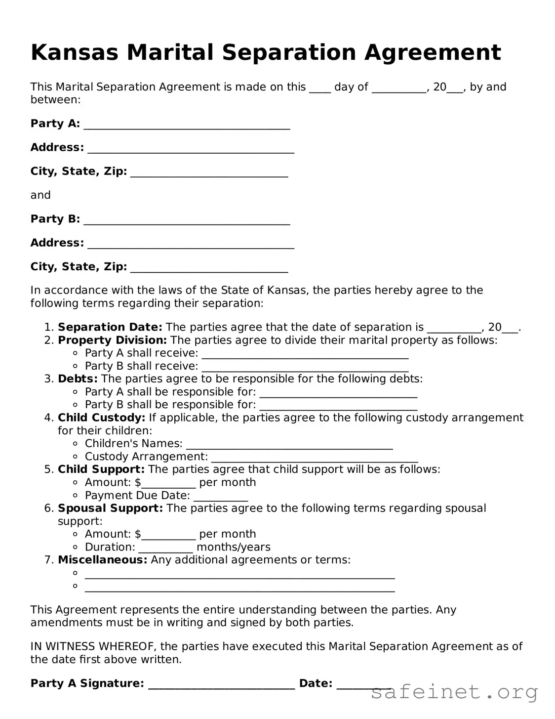 Valid Marital Separation Agreement Template for the State of Kansas