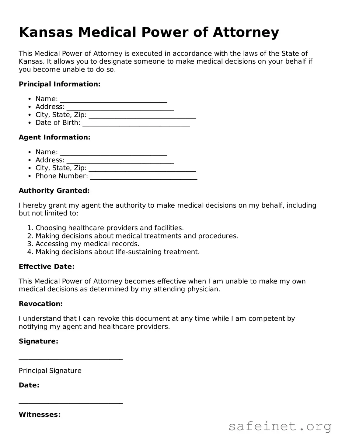 Valid Medical Power of Attorney Template for the State of Kansas