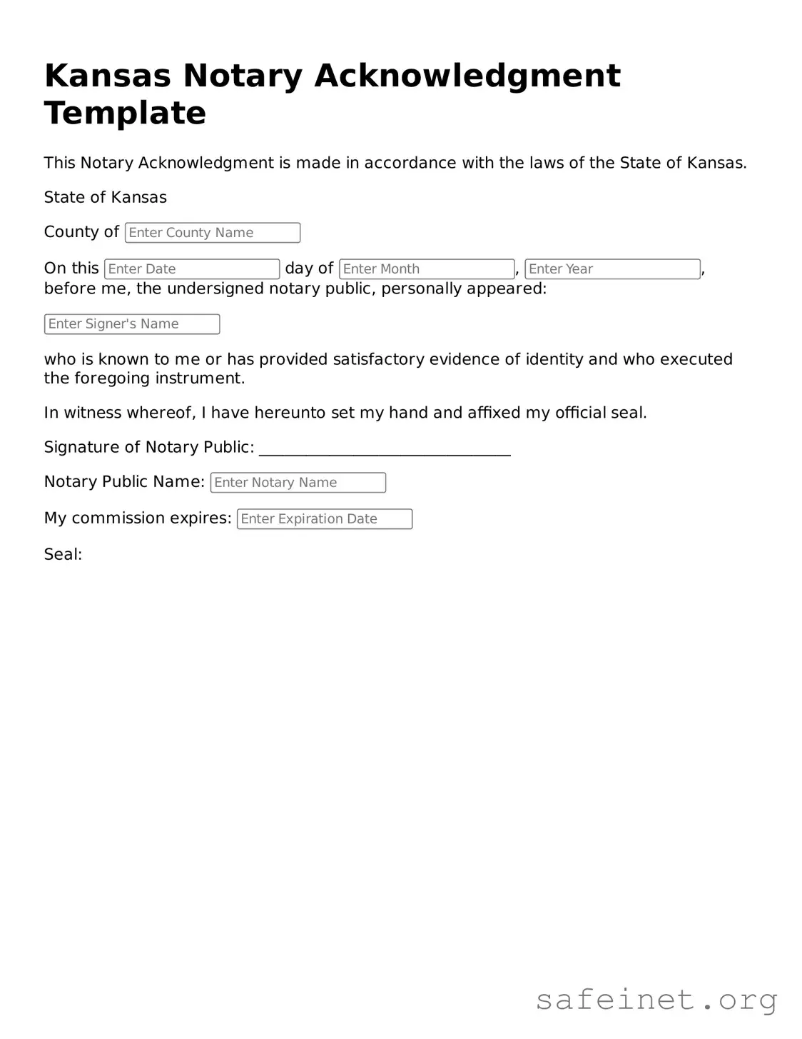 Valid Notary Acknowledgement Template for the State of Kansas