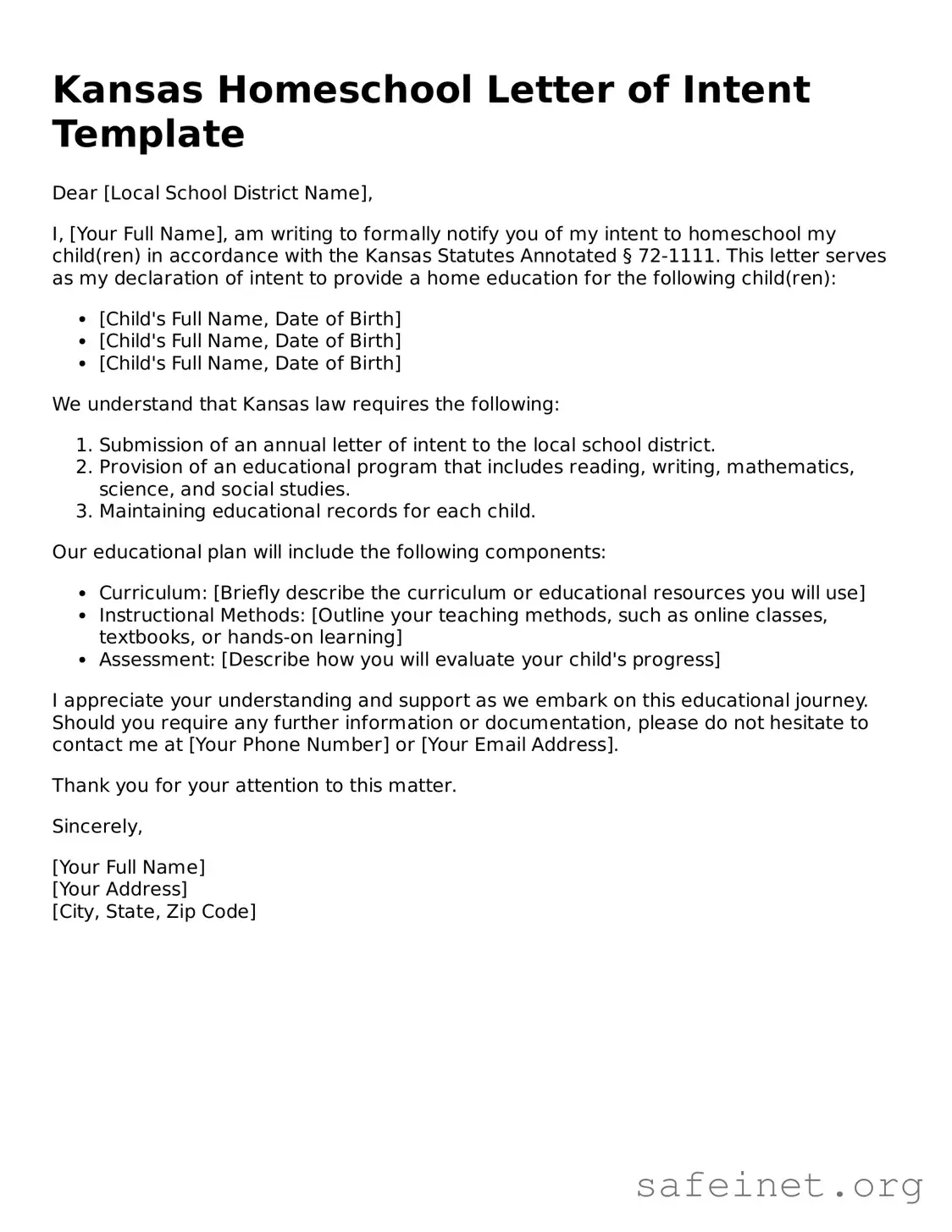 Valid Homeschool Letter of Intent Template for the State of Kansas