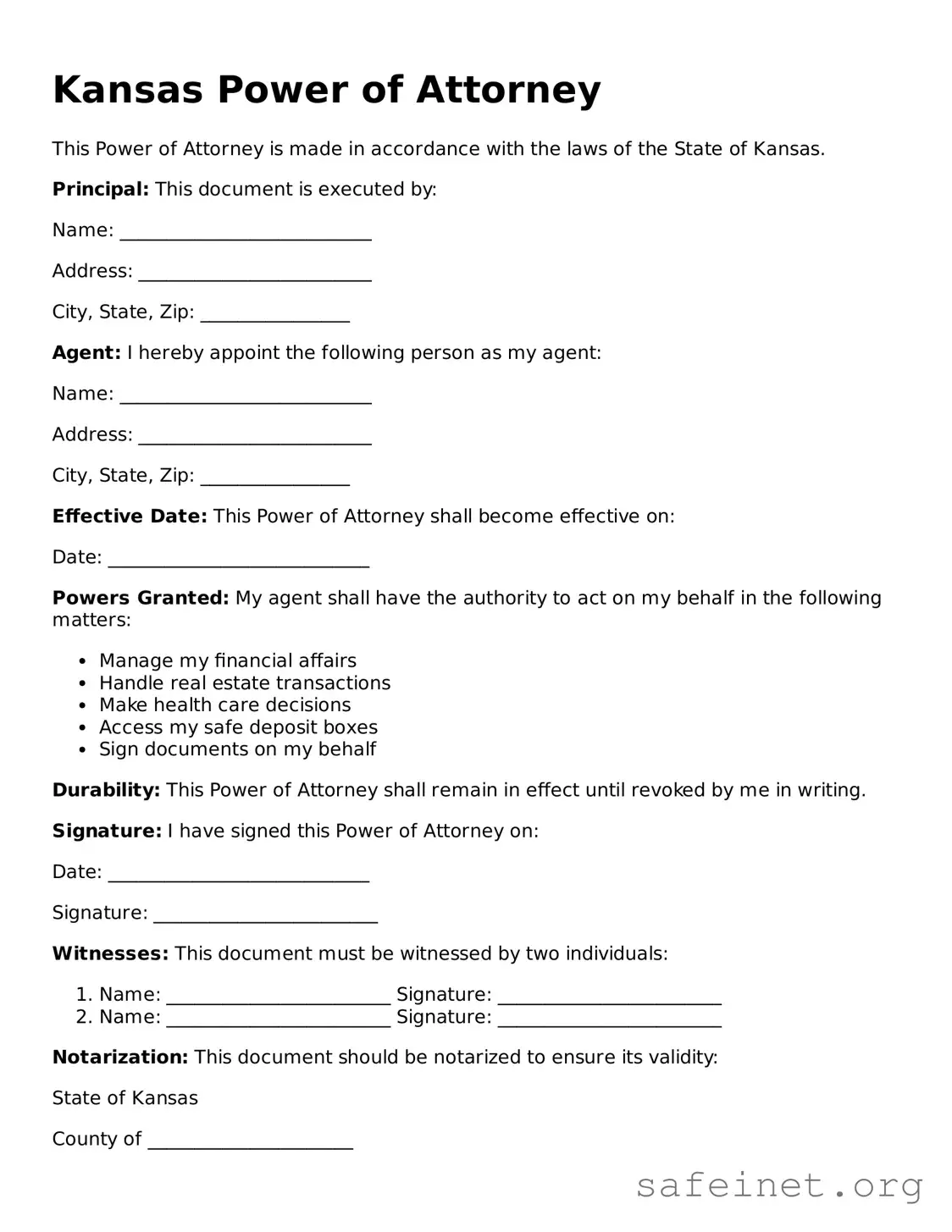 Valid Power of Attorney Template for the State of Kansas