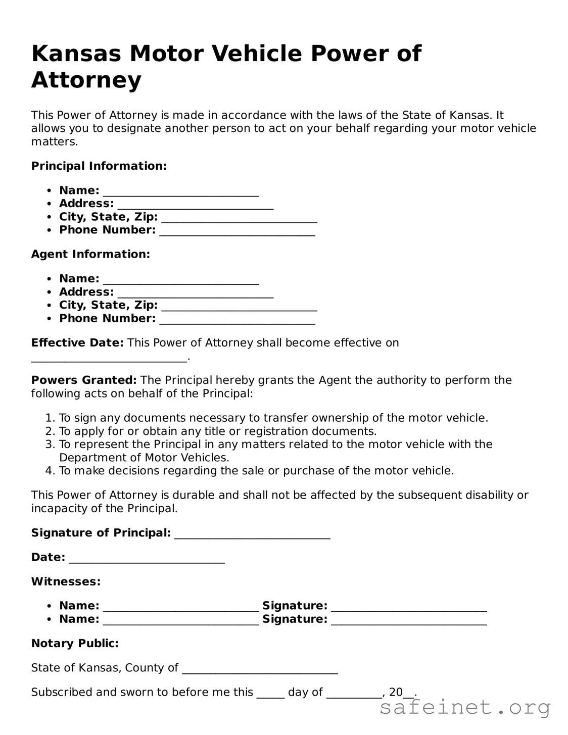 Valid Motor Vehicle Power of Attorney Template for the State of Kansas