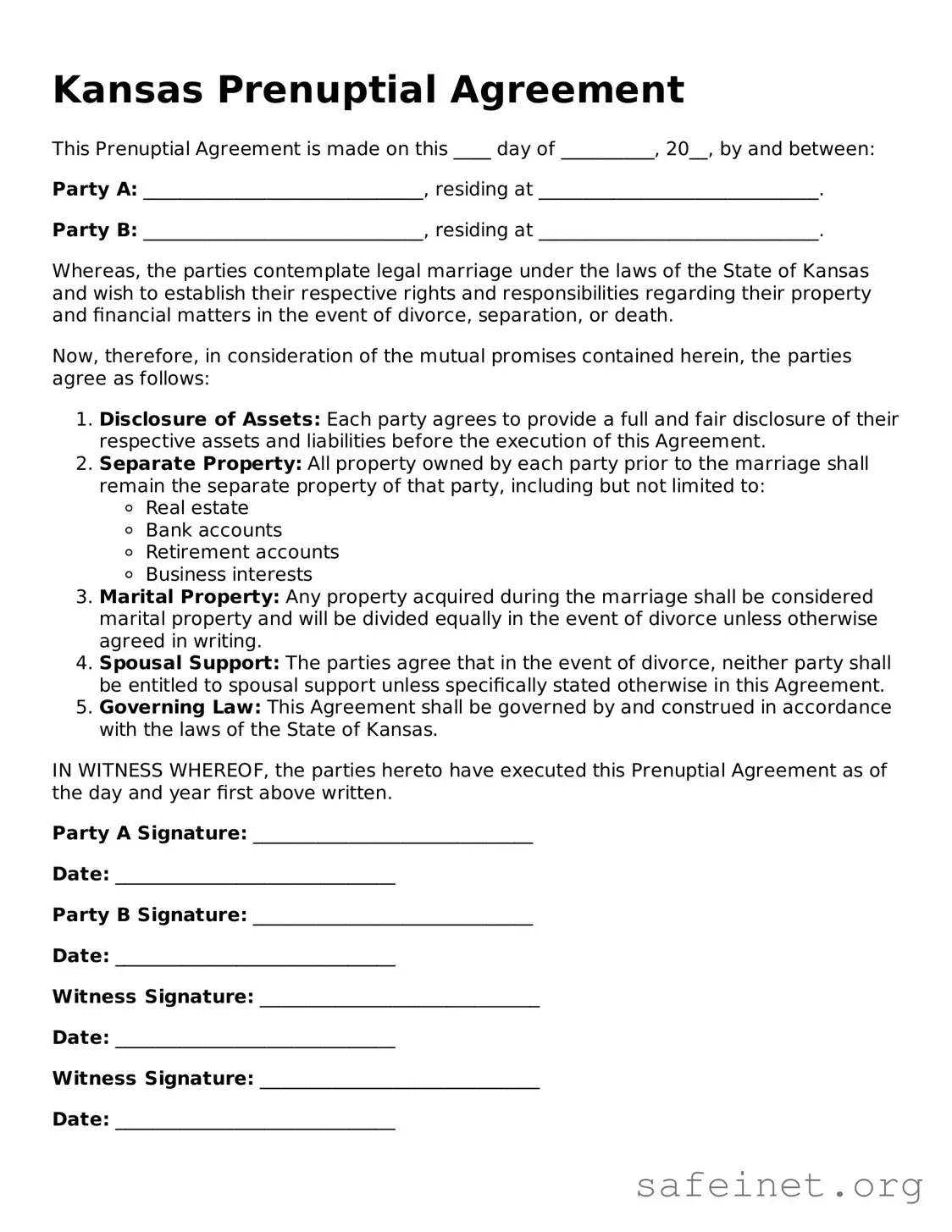 Valid Prenuptial Agreement Template for the State of Kansas