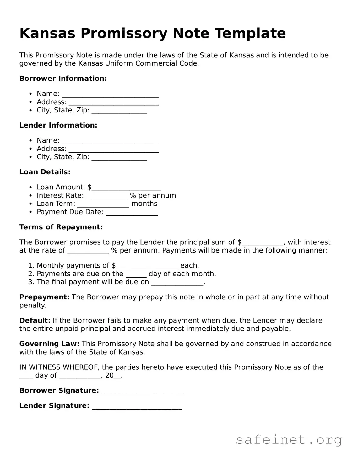 Valid Promissory Note Template for the State of Kansas