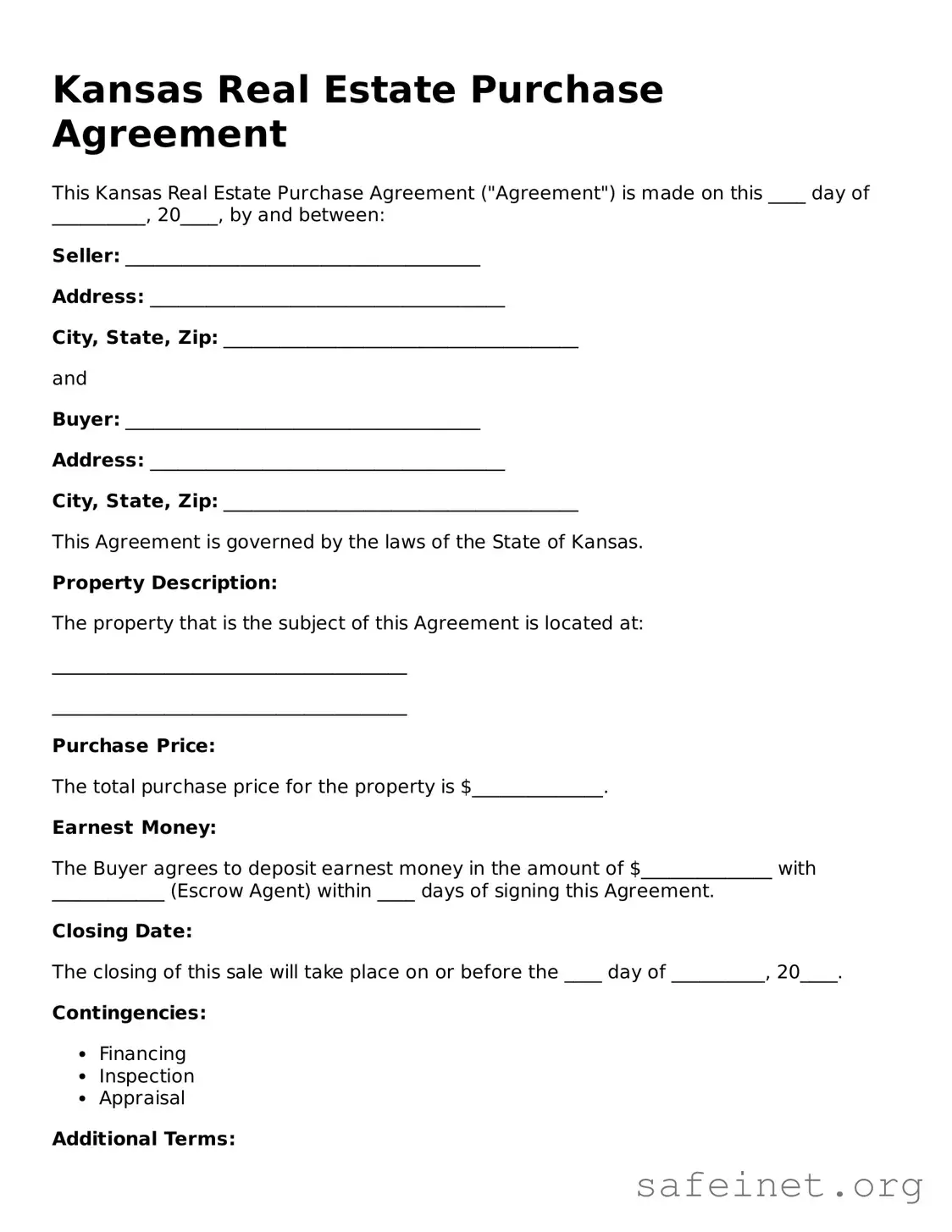 Valid Real Estate Purchase Agreement Template for the State of Kansas
