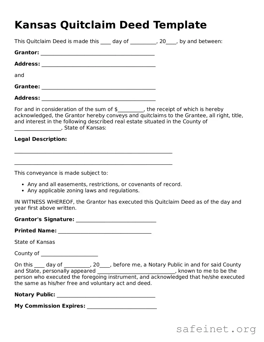 Valid Quitclaim Deed Template for the State of Kansas