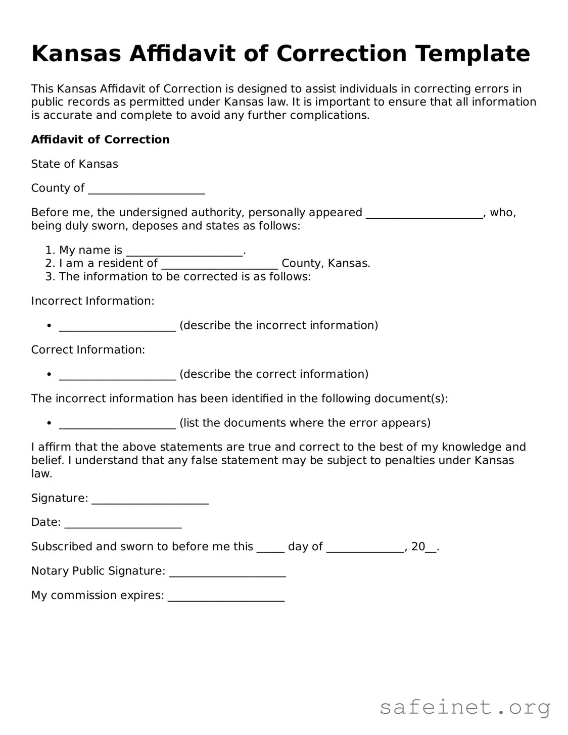 Valid Affidavit of Correction Template for the State of Kansas
