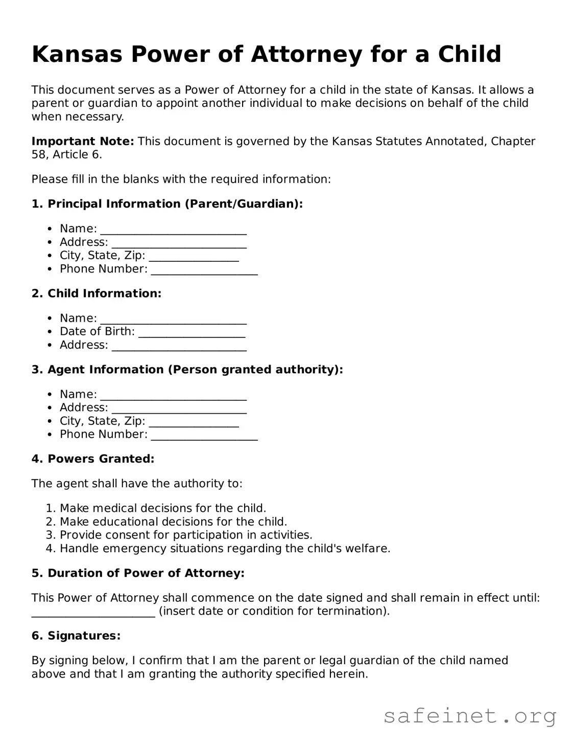 Valid Power of Attorney for a Child Template for the State of Kansas