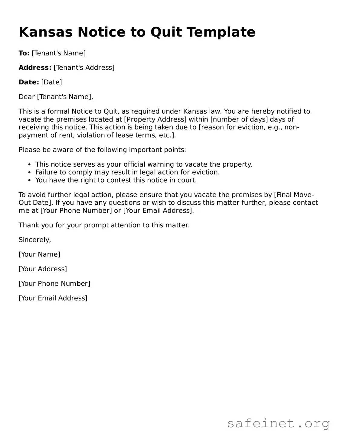 Valid Notice to Quit Template for the State of Kansas