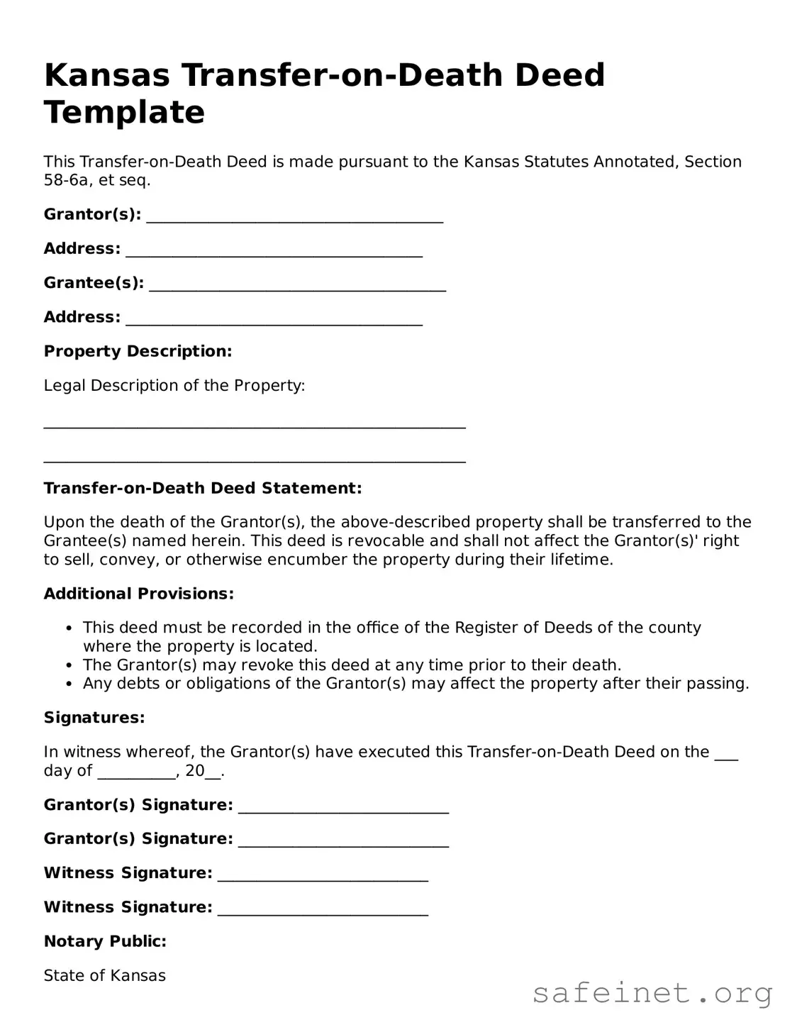 Valid Transfer-on-Death Deed Template for the State of Kansas