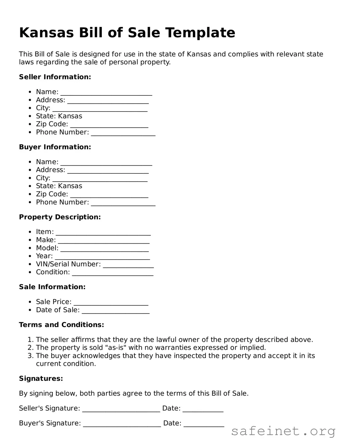 Valid Bill of Sale Template for the State of Kansas