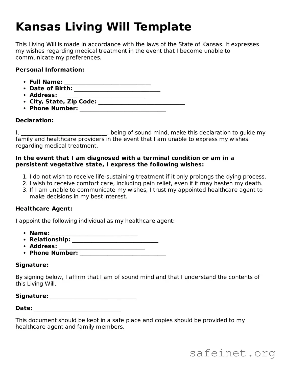 Valid Living Will Template for the State of Kansas