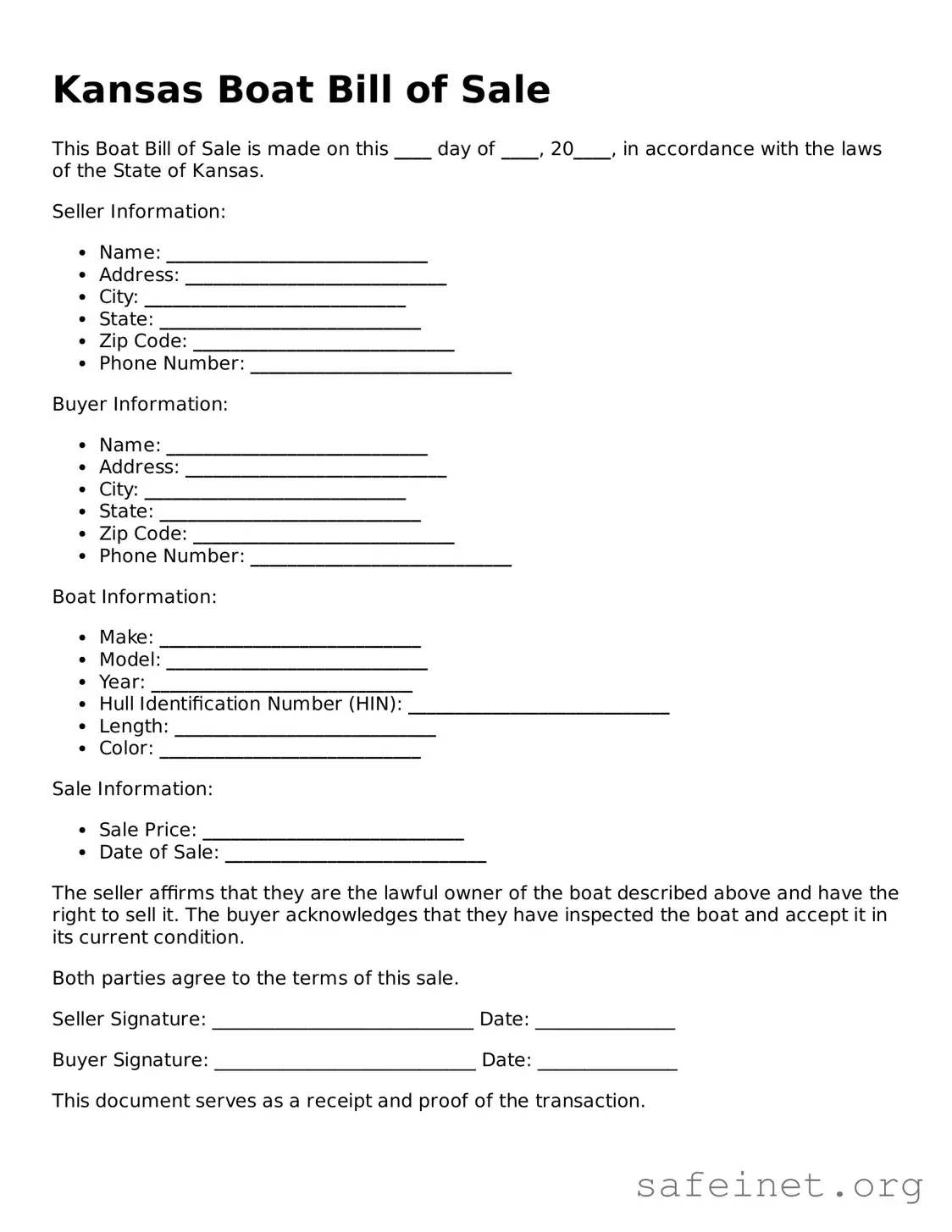 Valid Boat Bill of Sale Template for the State of Kansas
