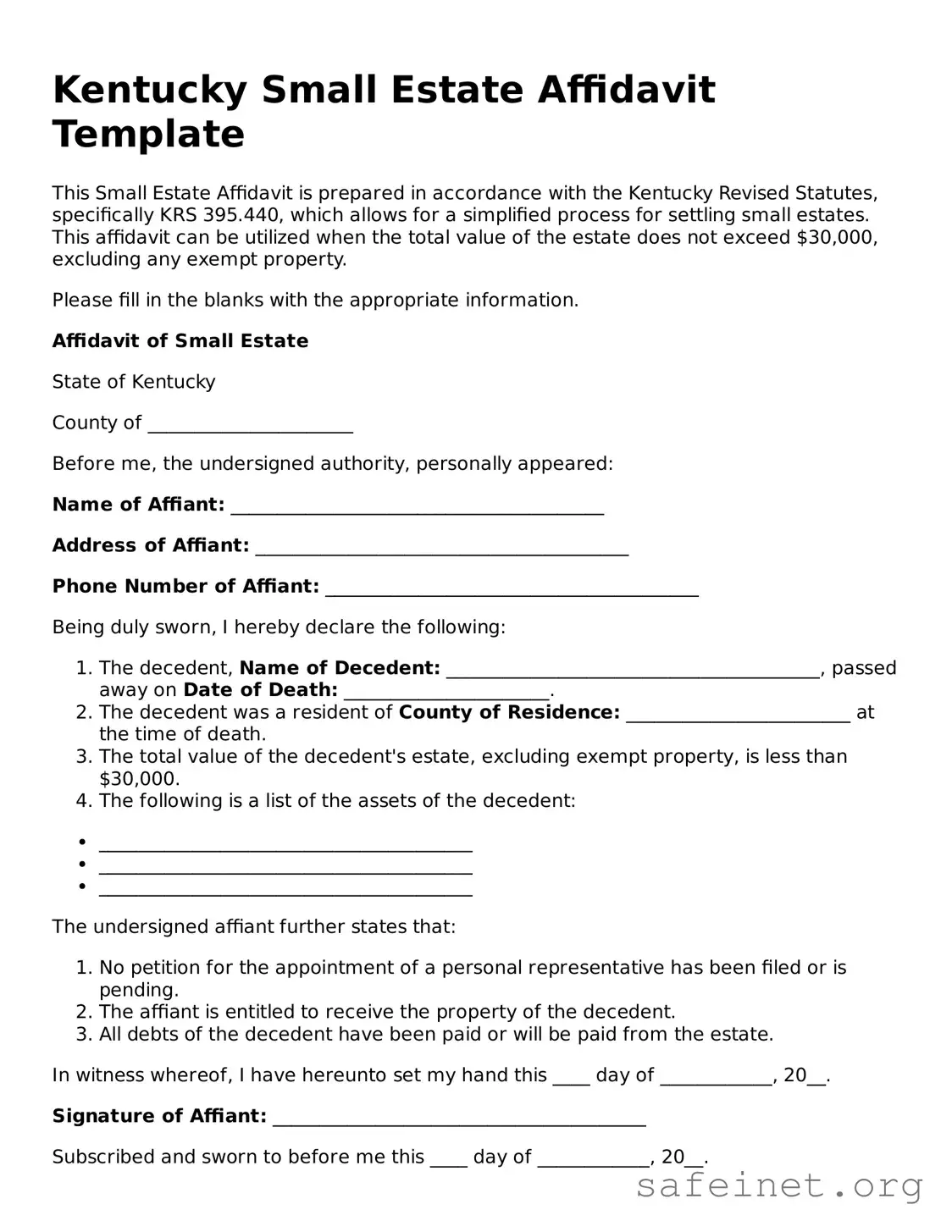 Valid Small Estate Affidavit Template for the State of Kentucky