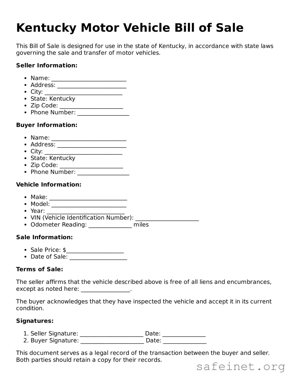 Valid Motor Vehicle Bill of Sale Template for the State of Kentucky