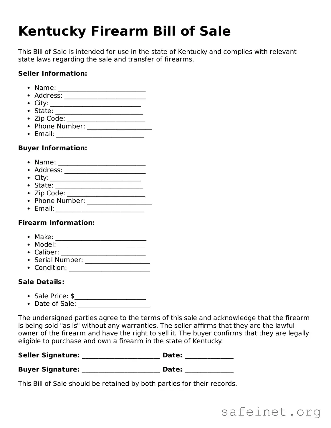 Valid Firearm Bill of Sale Template for the State of Kentucky
