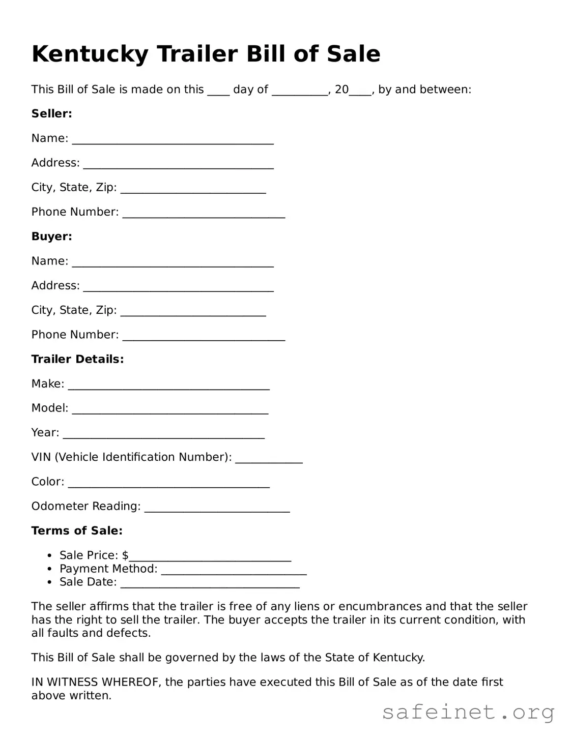 Valid Trailer Bill of Sale Template for the State of Kentucky