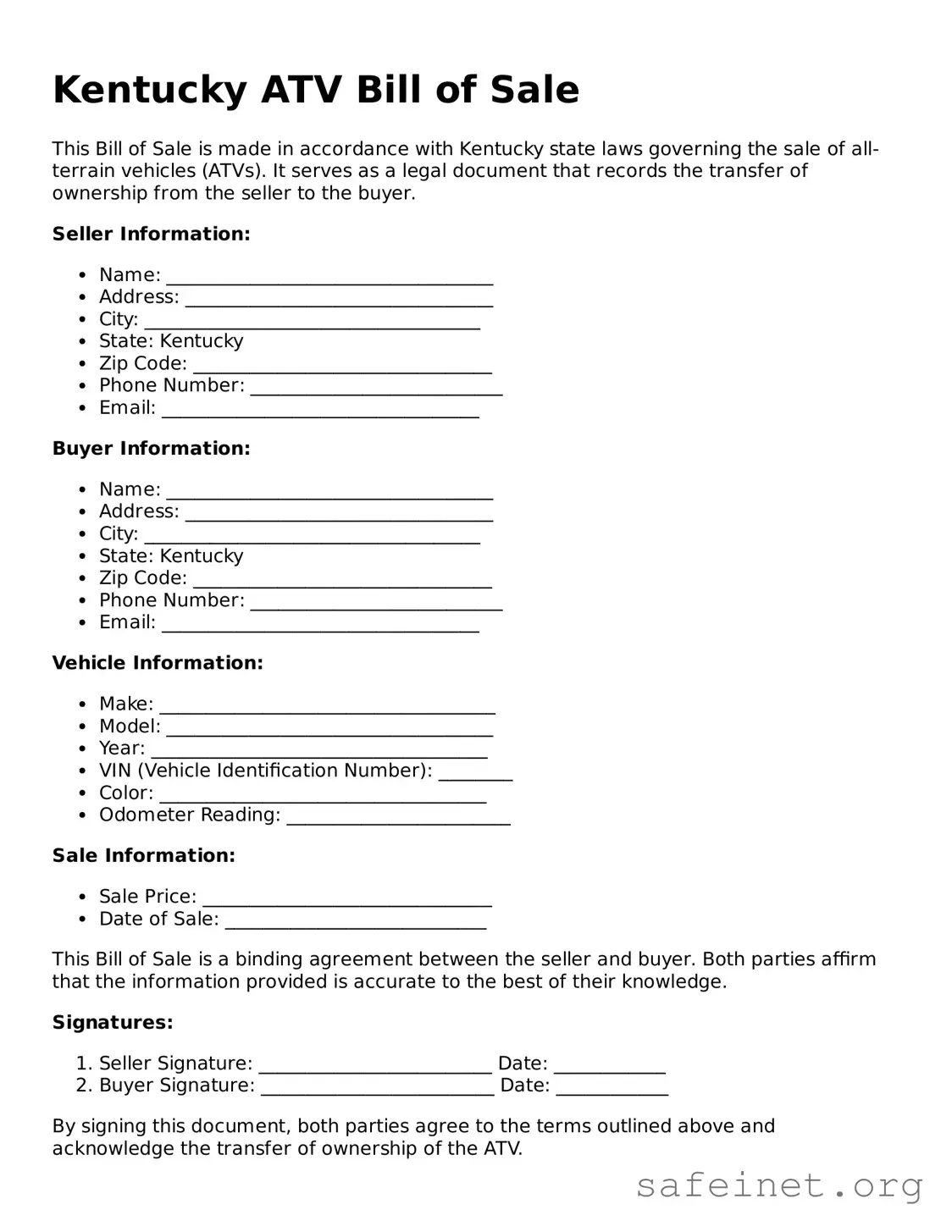 Valid ATV Bill of Sale Template for the State of Kentucky