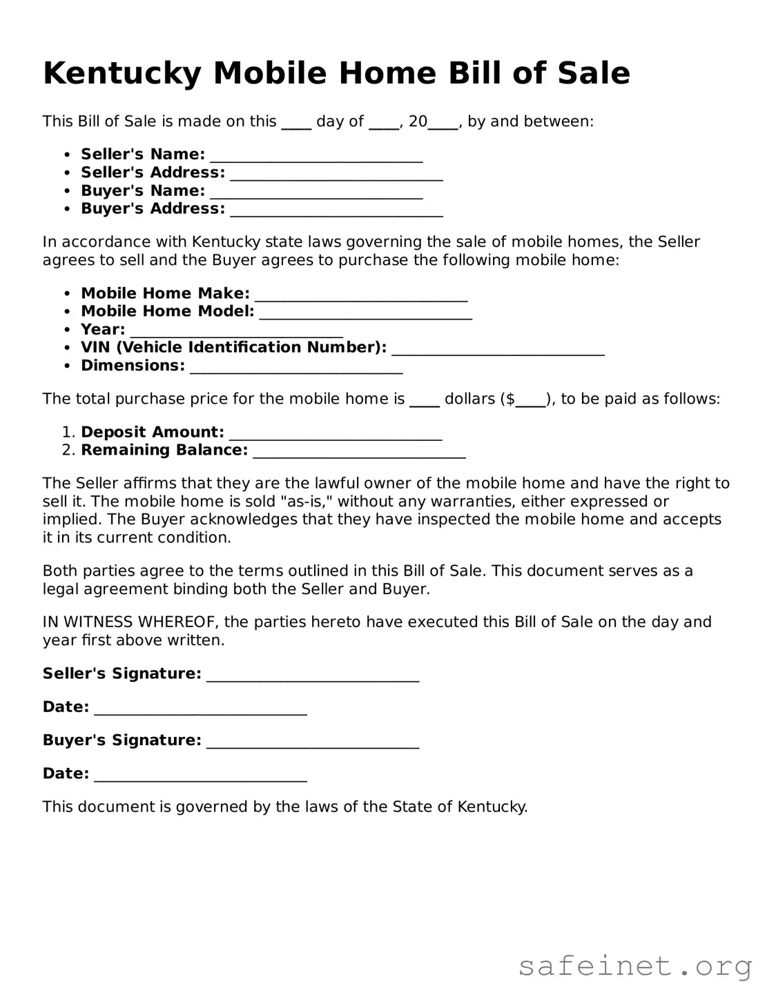 Valid Mobile Home Bill of Sale Template for the State of Kentucky