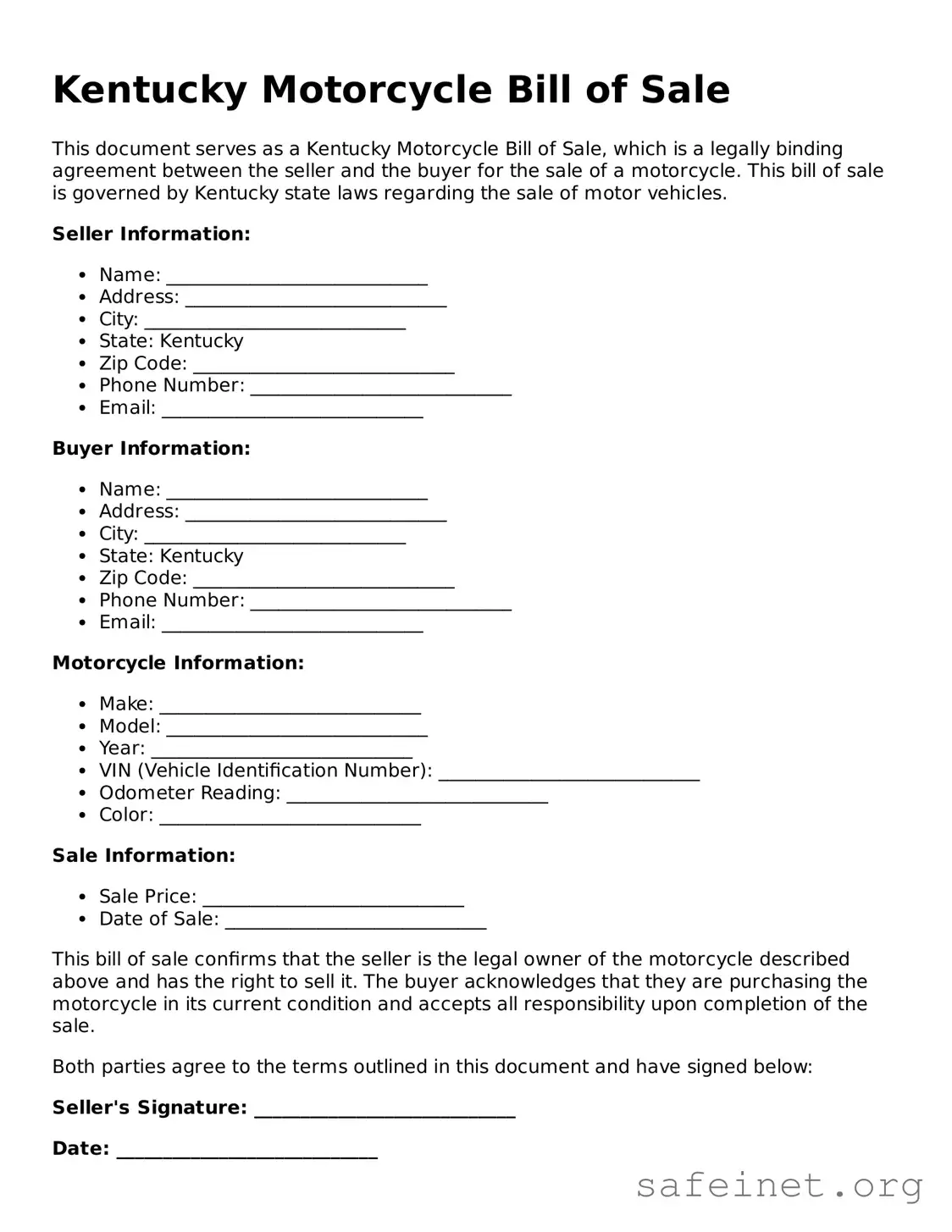 Valid Motorcycle Bill of Sale Template for the State of Kentucky