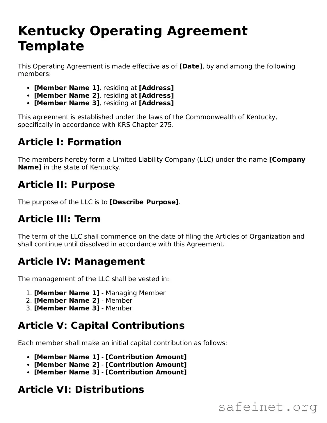 Valid Operating Agreement Template for the State of Kentucky