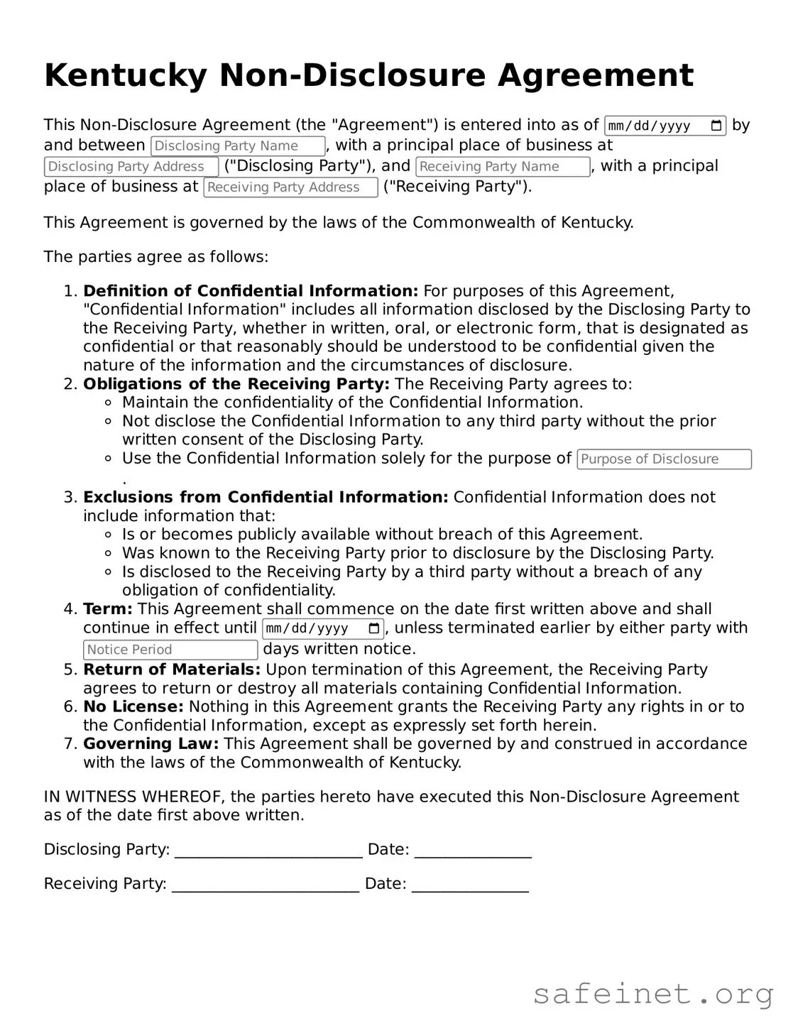 Valid Non-disclosure Agreement Template for the State of Kentucky