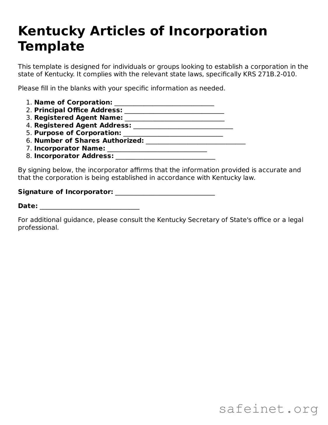 Valid Articles of Incorporation Template for the State of Kentucky