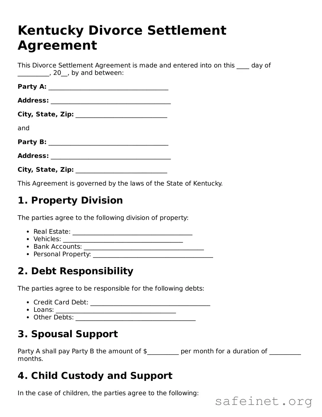 Valid Divorce Settlement Agreement Template for the State of Kentucky