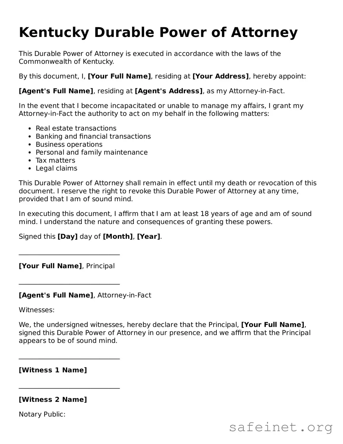 Valid Durable Power of Attorney Template for the State of Kentucky