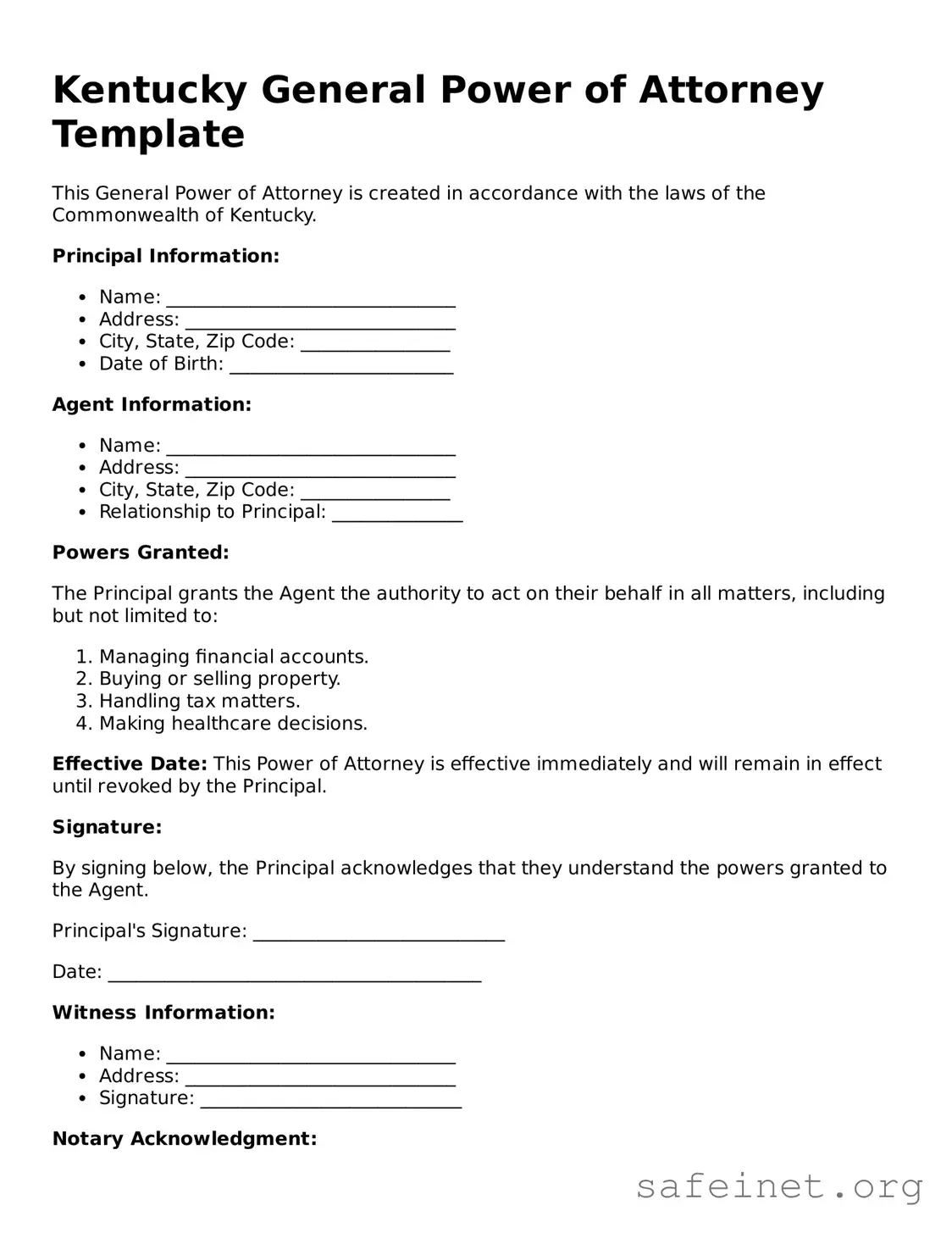 Valid General Power of Attorney Template for the State of Kentucky