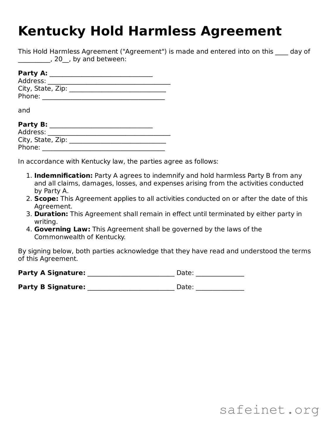Valid Hold Harmless Agreement Template for the State of Kentucky
