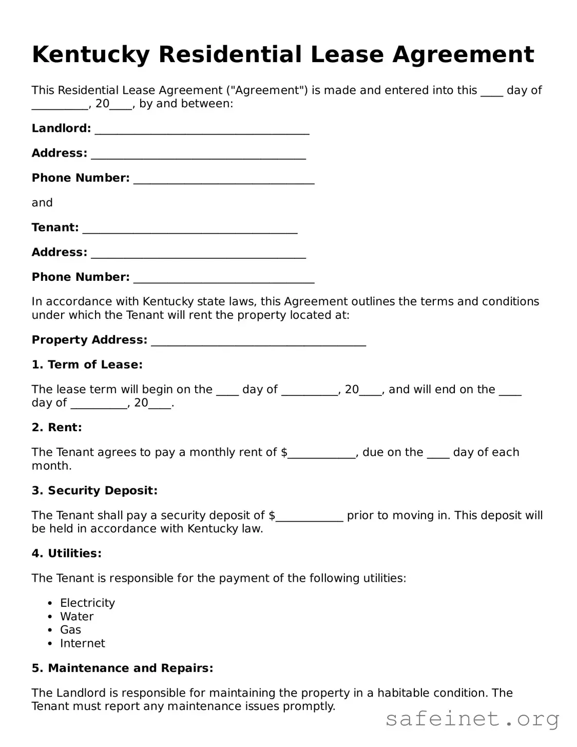 Valid Residential Lease Agreement Template for the State of Kentucky