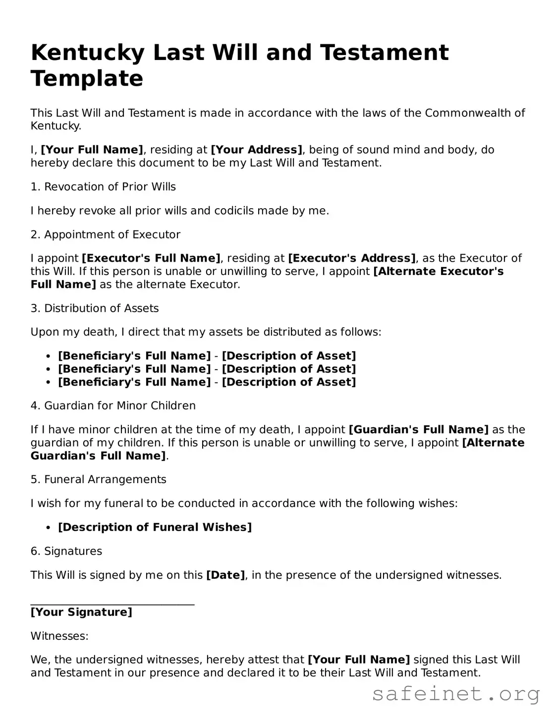 Valid Last Will and Testament Template for the State of Kentucky