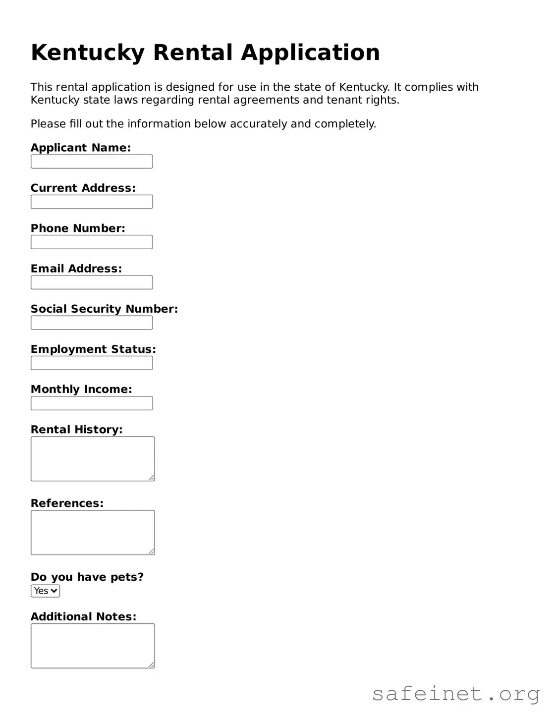 Valid Rental Application Template for the State of Kentucky