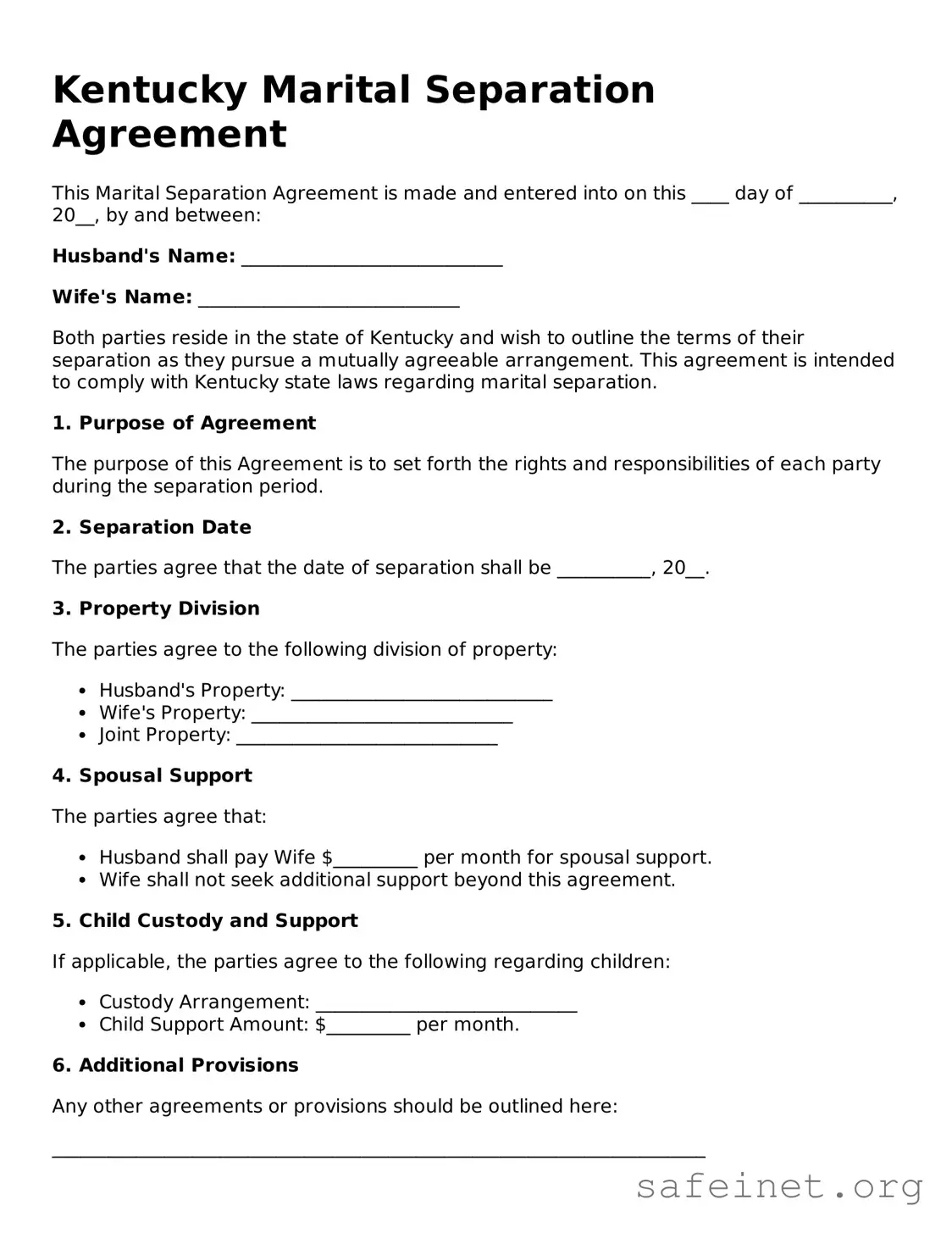 Valid Marital Separation Agreement Template for the State of Kentucky