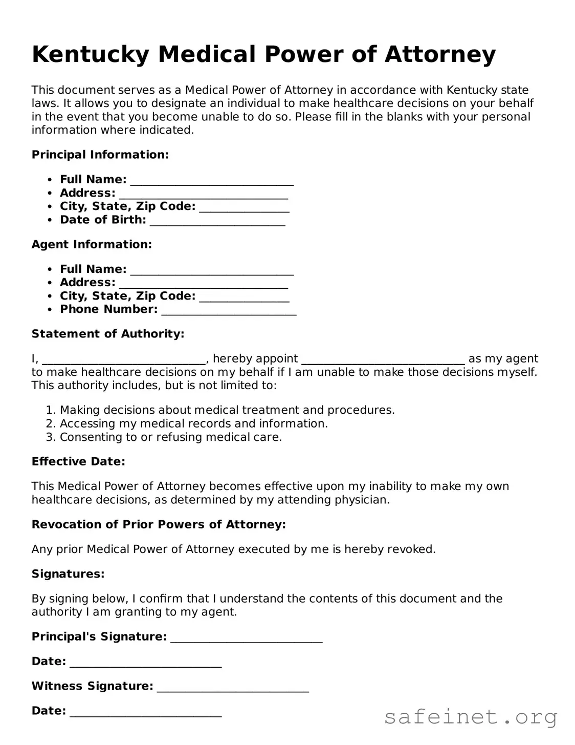 Valid Medical Power of Attorney Template for the State of Kentucky