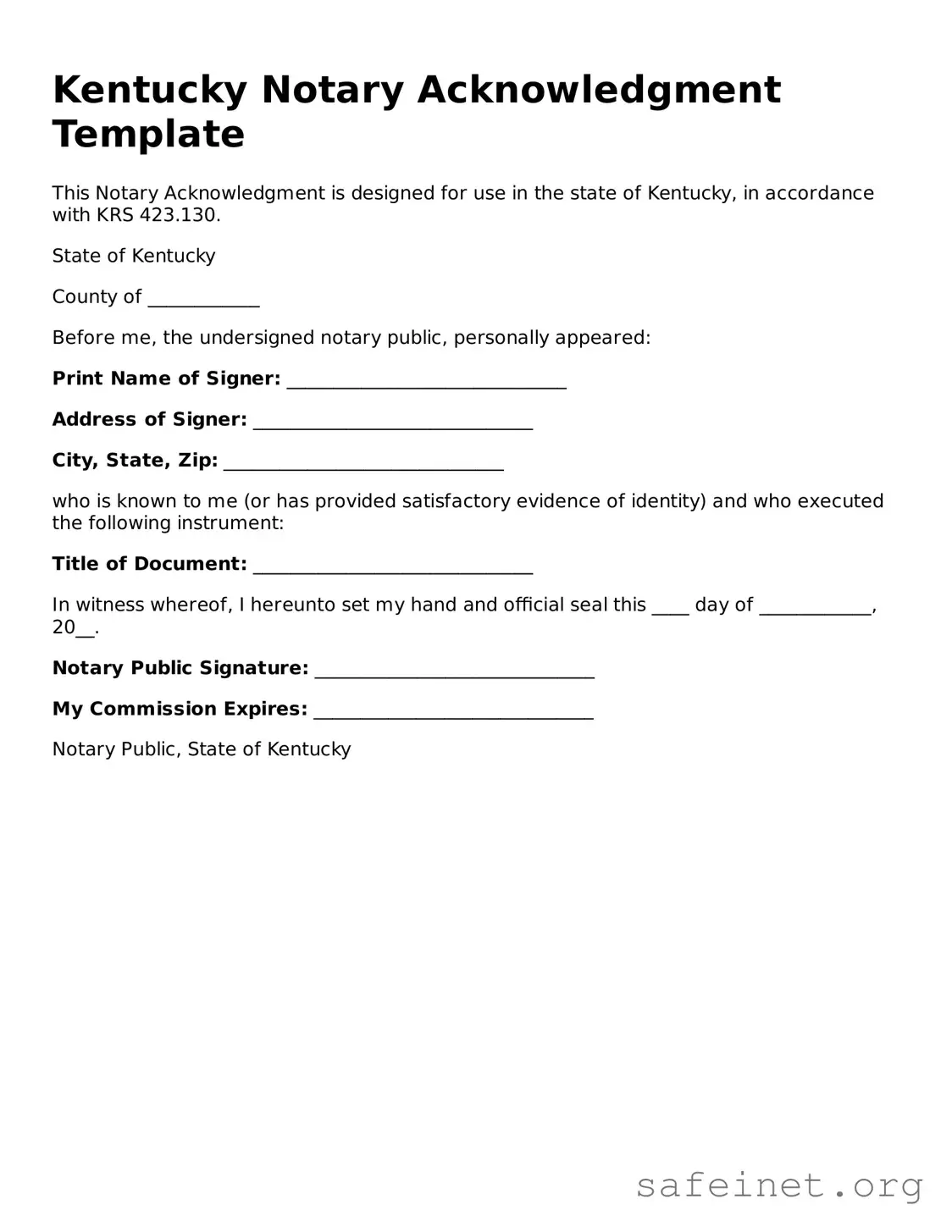 Valid Notary Acknowledgement Template for the State of Kentucky