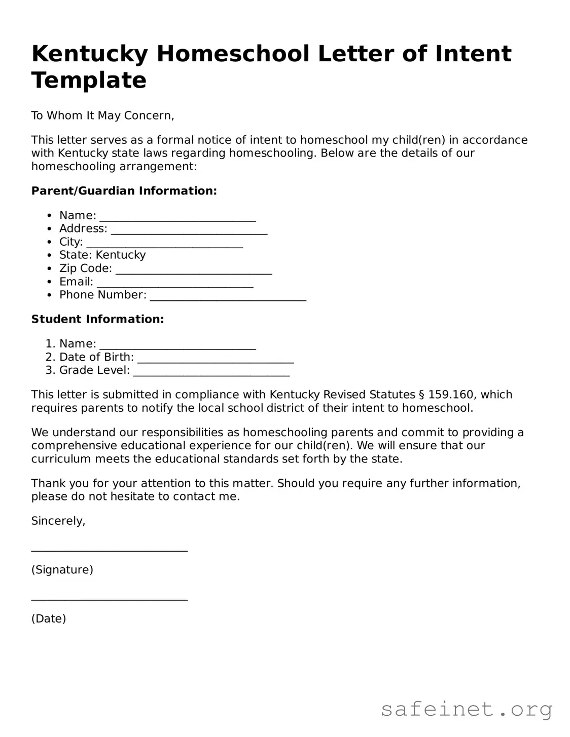 Valid Homeschool Letter of Intent Template for the State of Kentucky