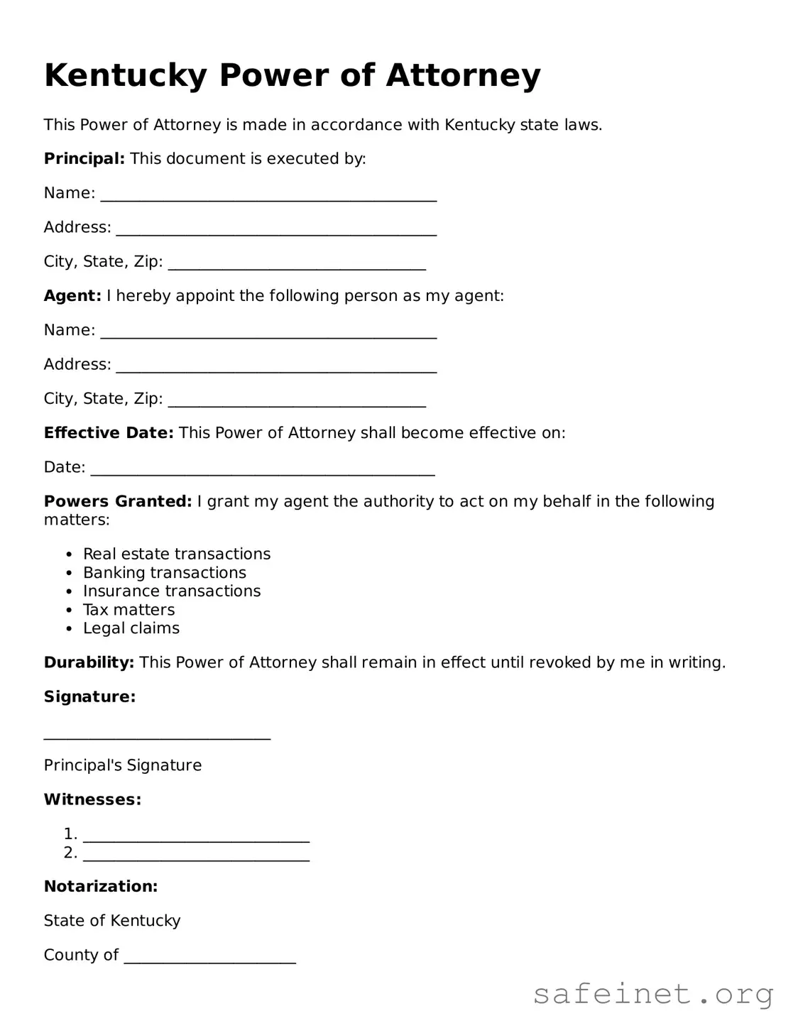 Valid Power of Attorney Template for the State of Kentucky