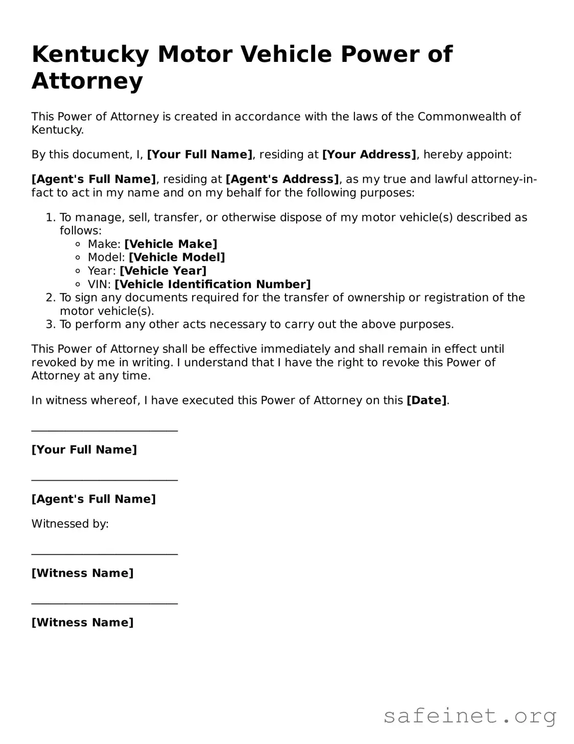 Valid Motor Vehicle Power of Attorney Template for the State of Kentucky