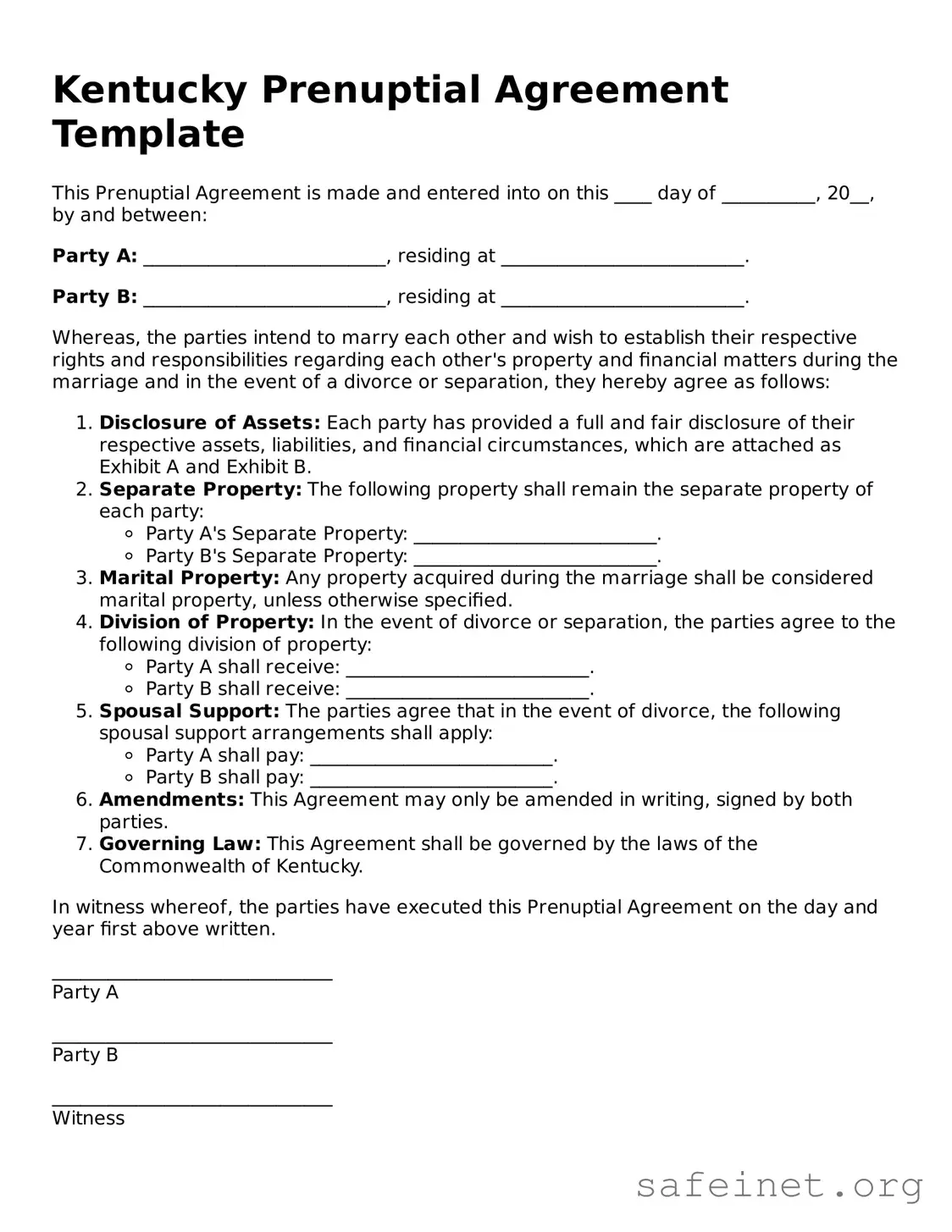 Valid Prenuptial Agreement Template for the State of Kentucky