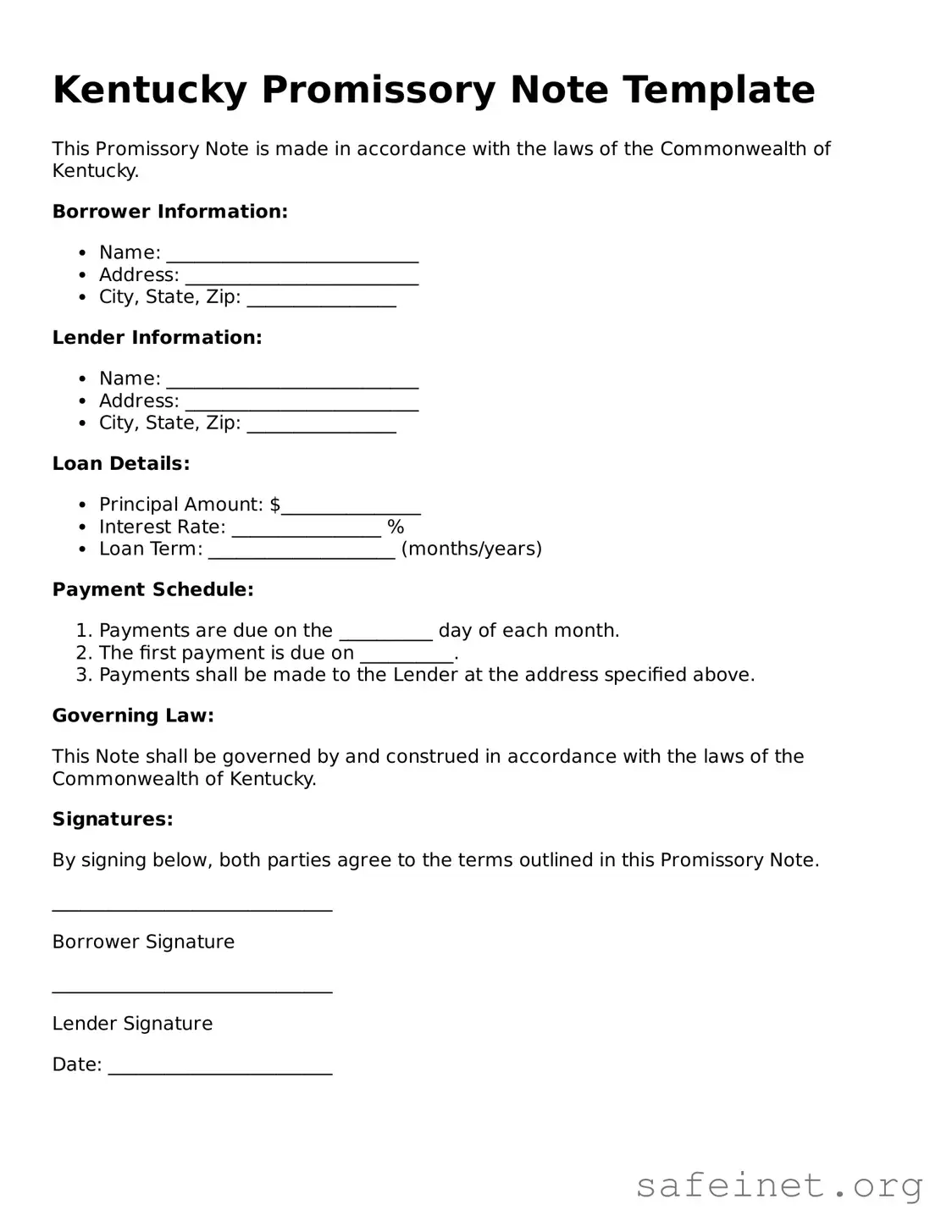 Valid Promissory Note Template for the State of Kentucky