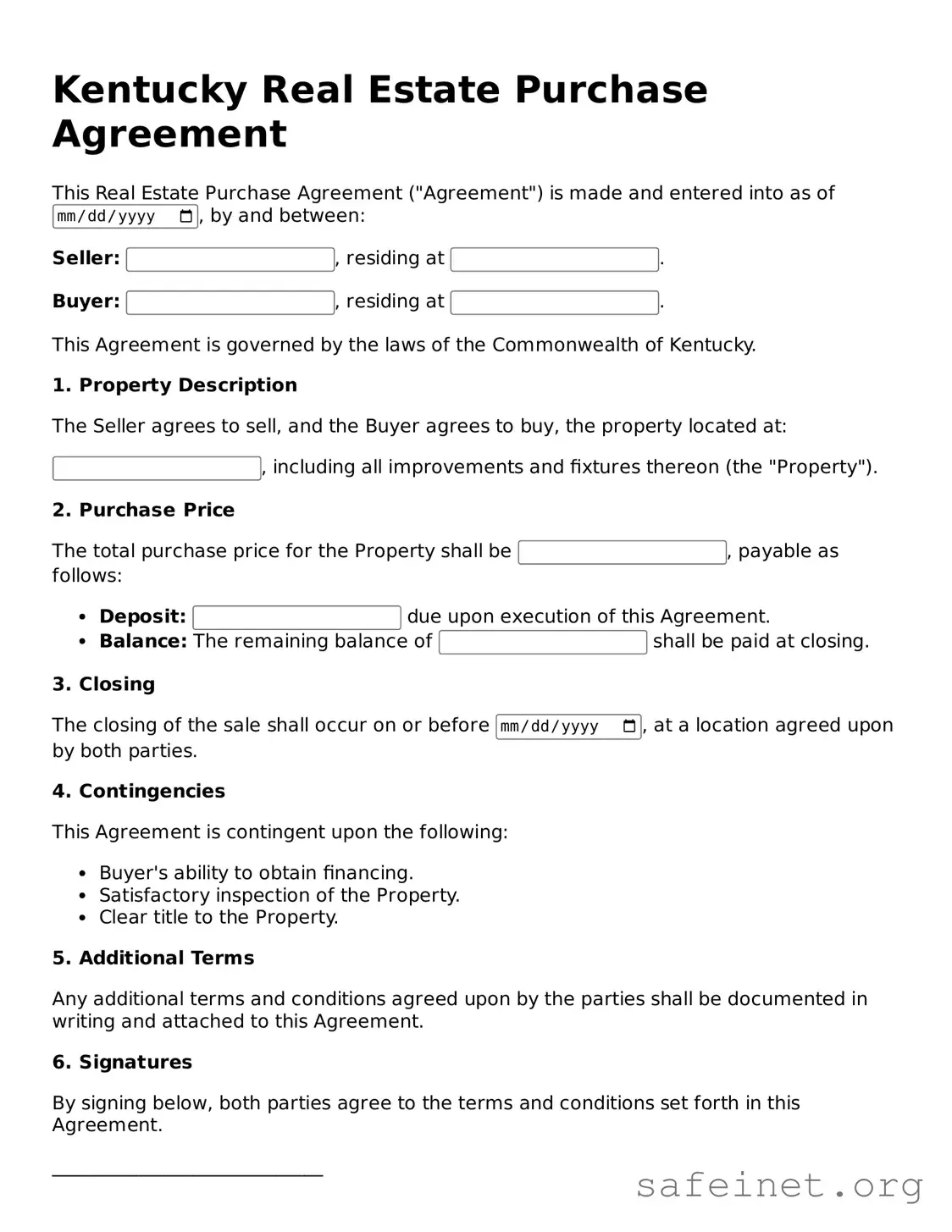 Valid Real Estate Purchase Agreement Template for the State of Kentucky
