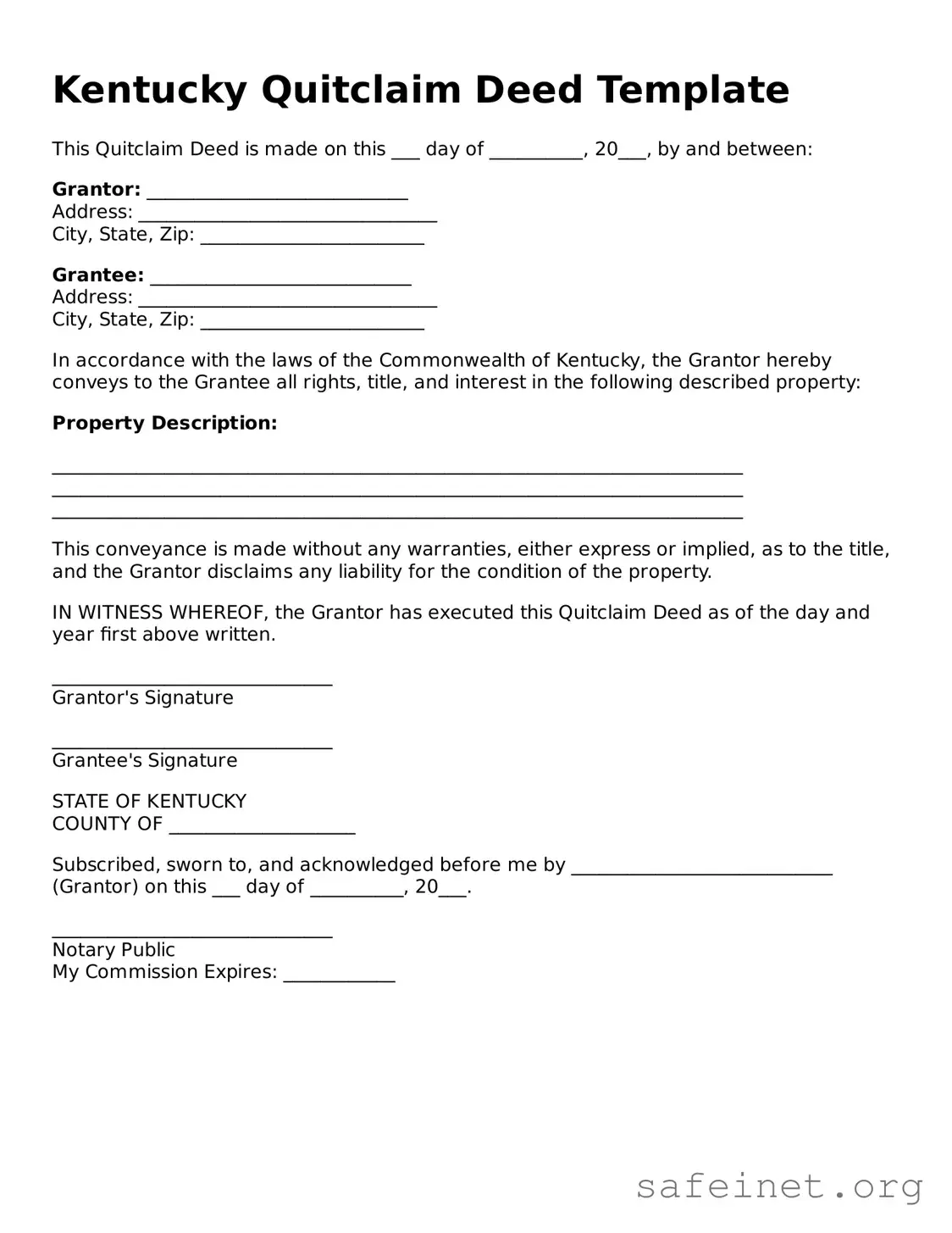 Valid Quitclaim Deed Template for the State of Kentucky