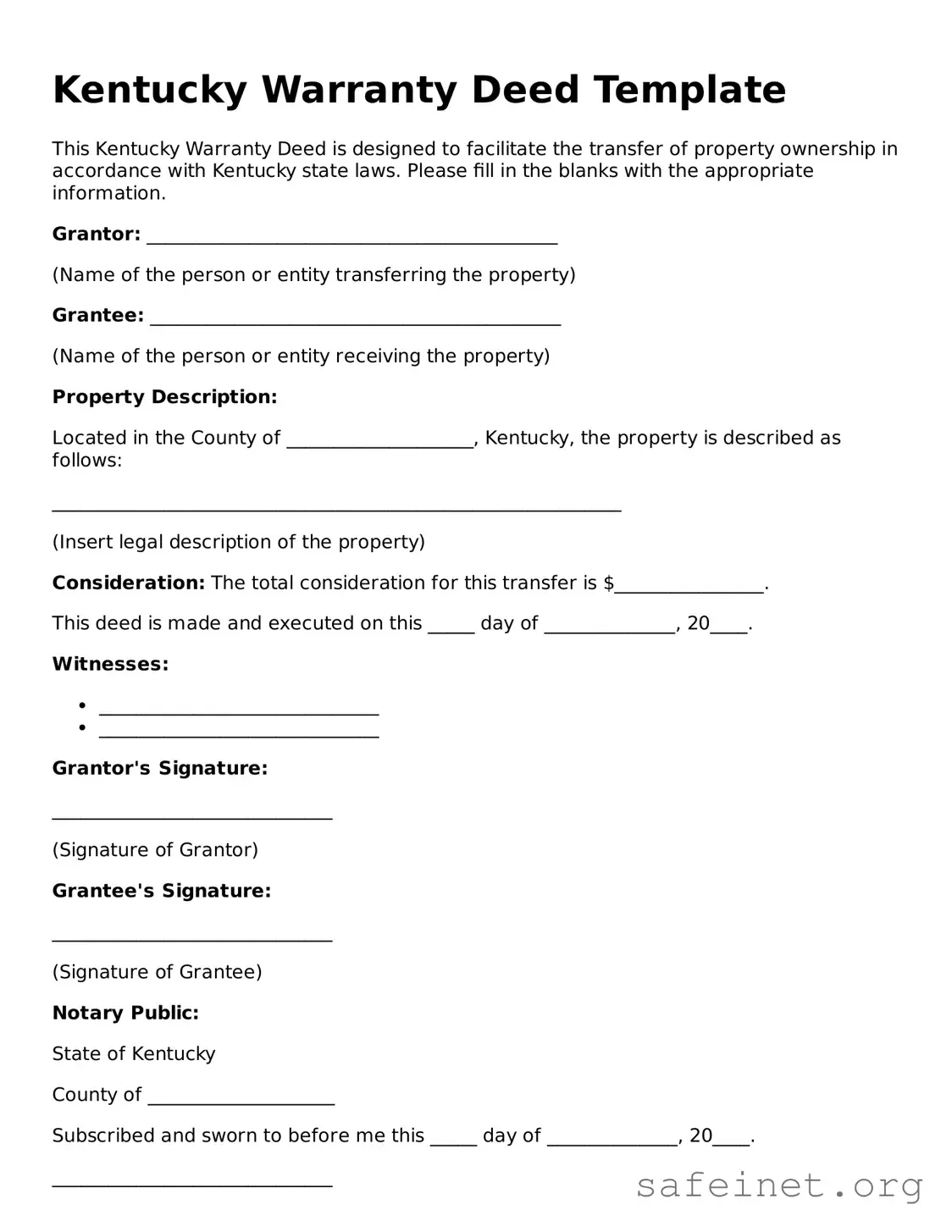 Valid Deed Template for the State of Kentucky