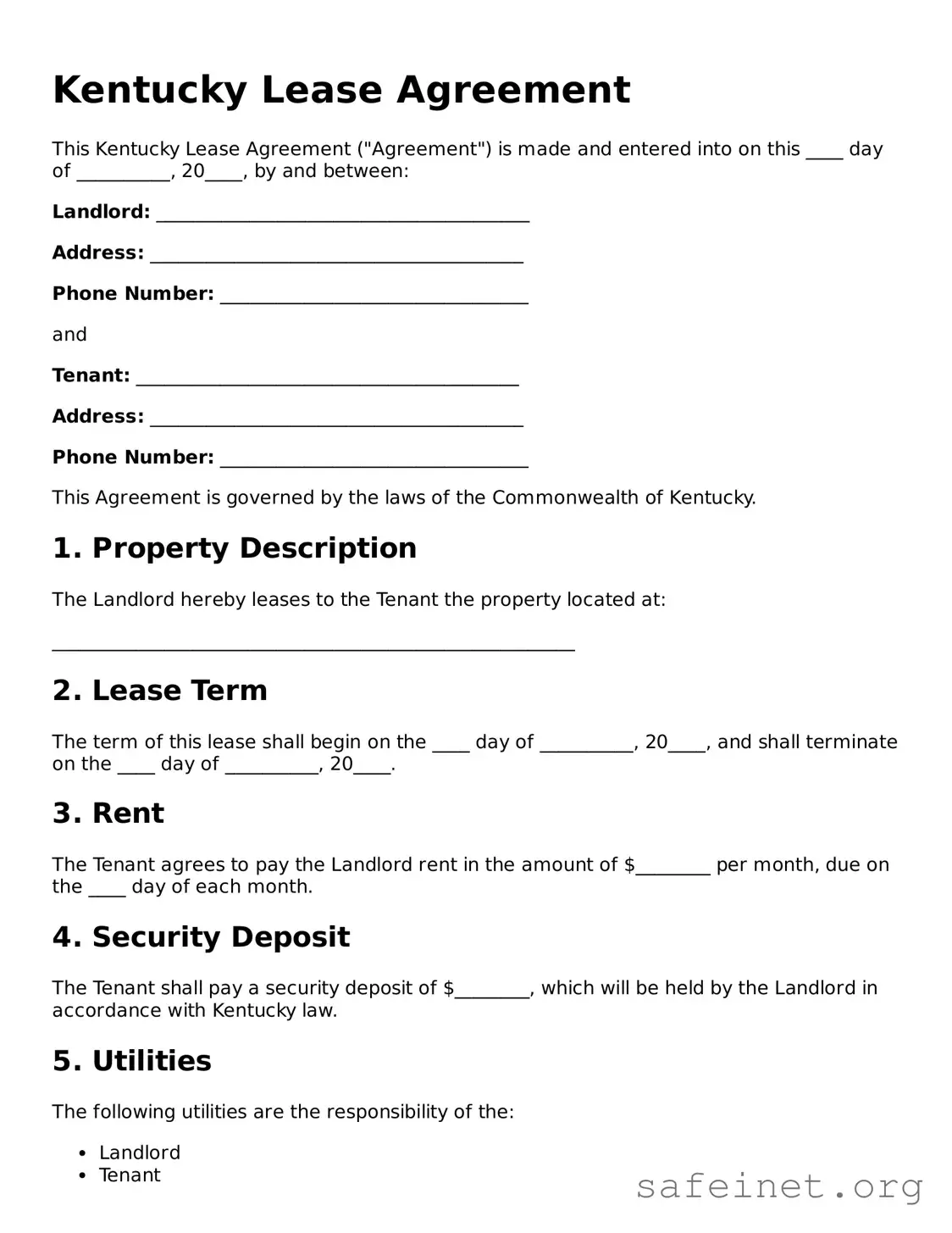 Valid Lease Agreement Template for the State of Kentucky