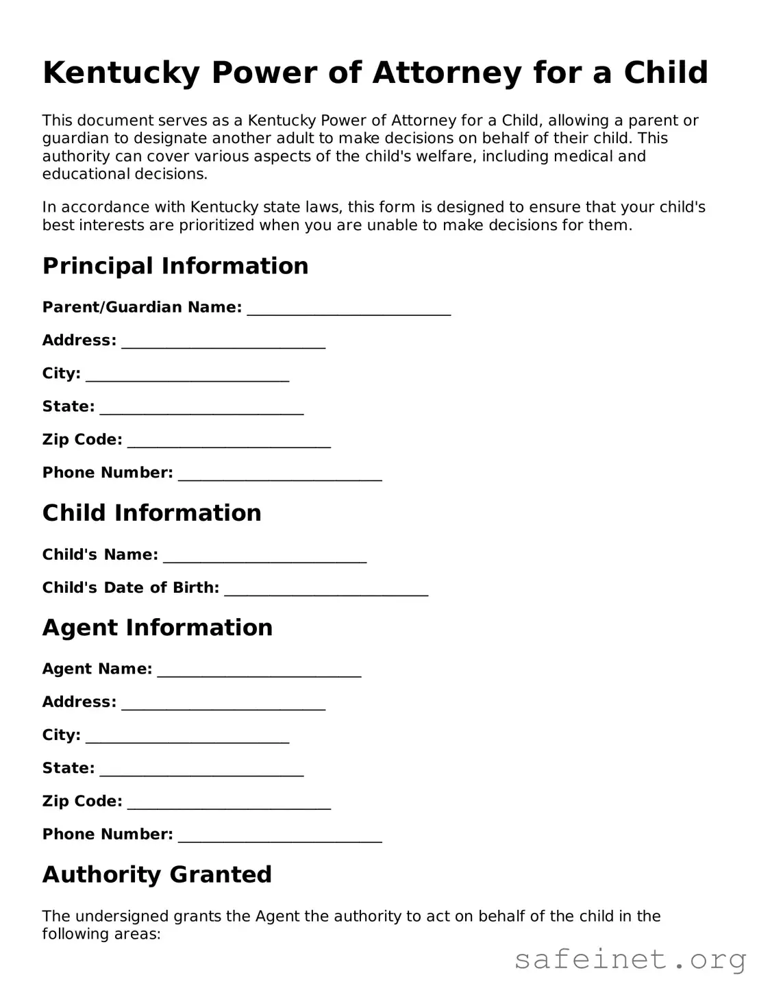 Valid Power of Attorney for a Child Template for the State of Kentucky