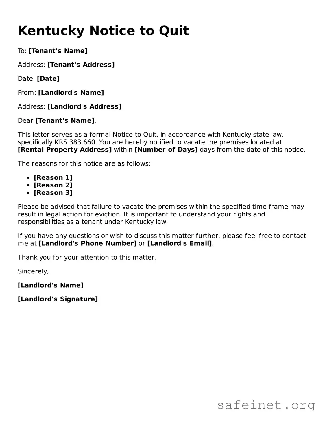 Valid Notice to Quit Template for the State of Kentucky