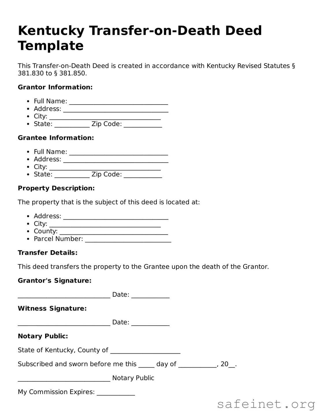 Valid Transfer-on-Death Deed Template for the State of Kentucky