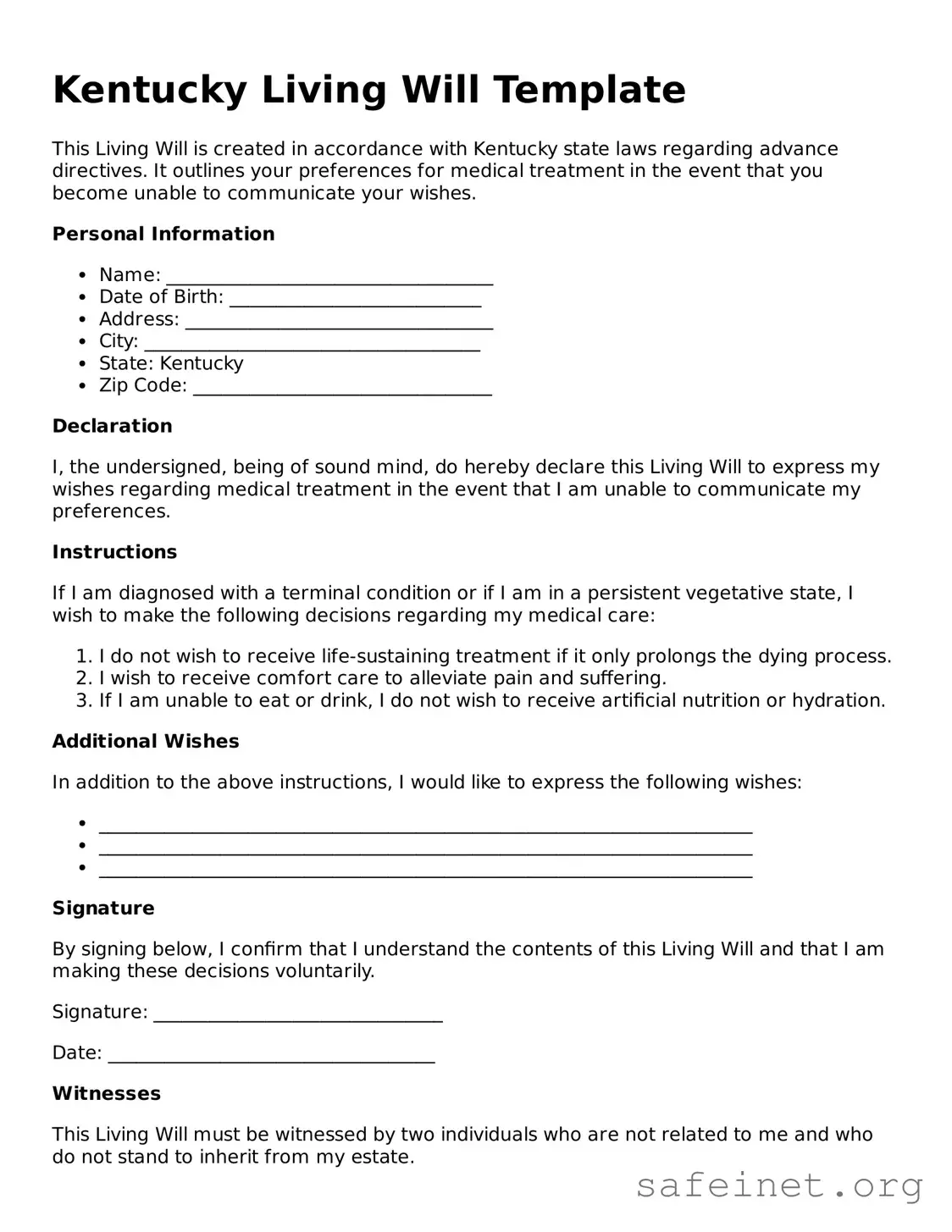 Valid Living Will Template for the State of Kentucky